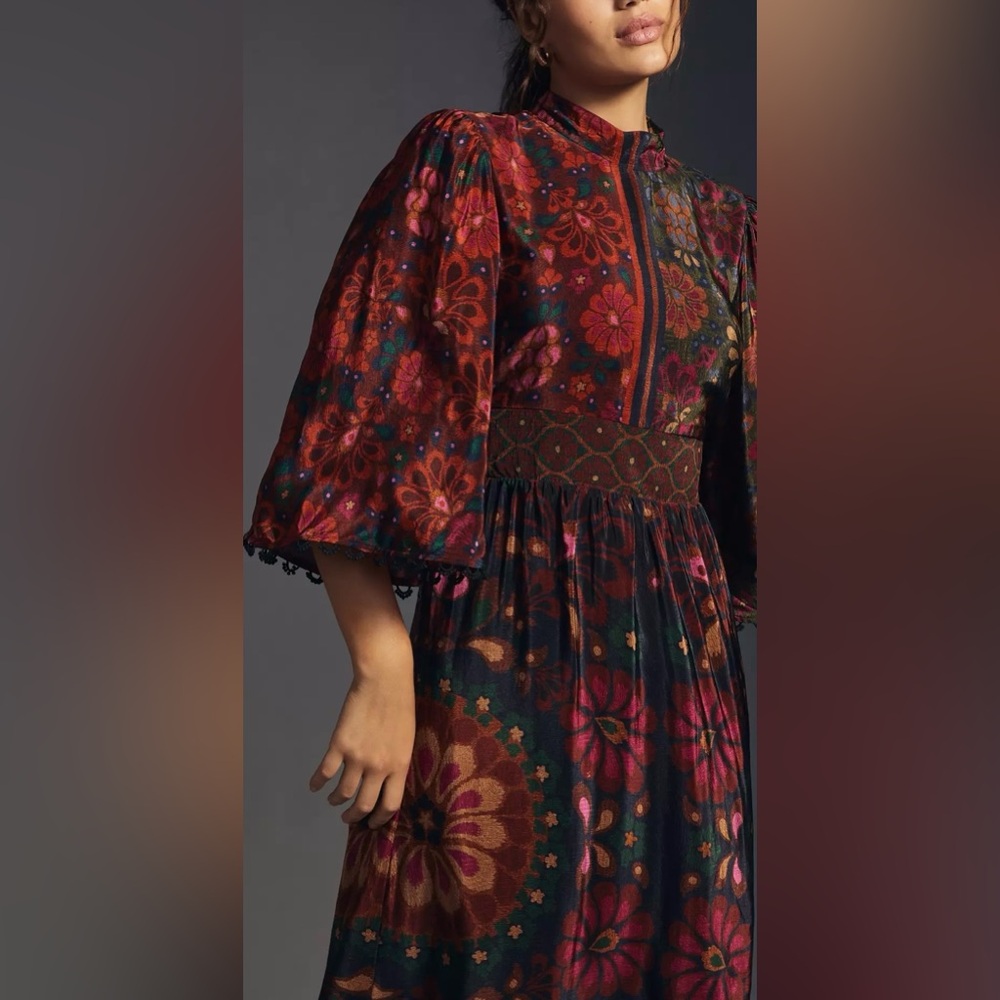 NWT STUNNING Farm Rio x Anthropologie Dress side zipper pockets crochet trim